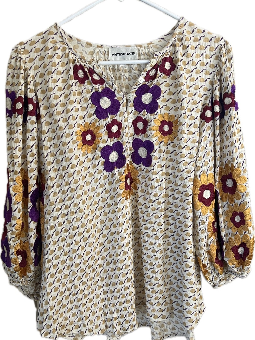 Antik Batik Flowy Boho Floral Embroidered Balloon Sl Crinkle Peasant Blouse